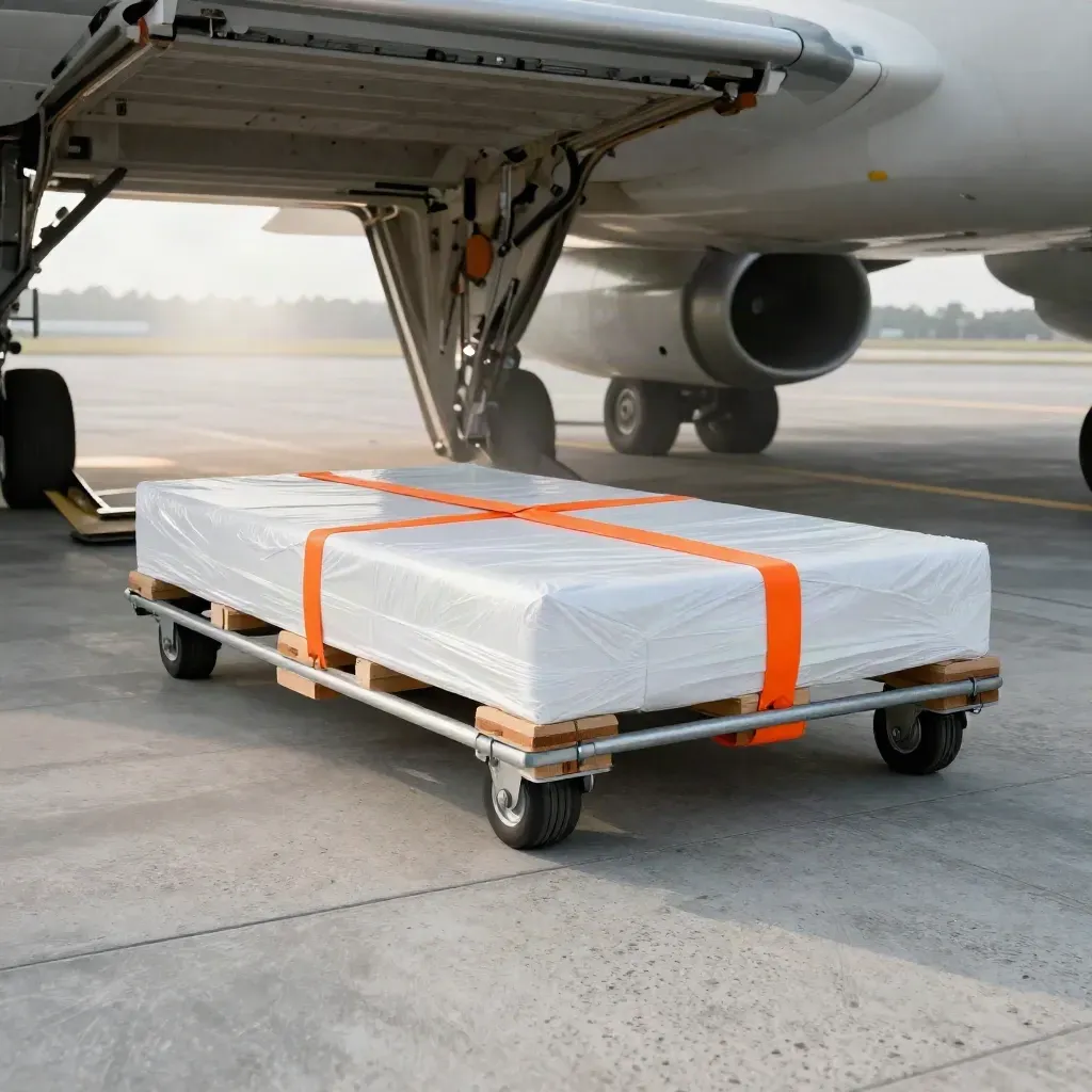 Wrapped air-freight pallet rolling toward an aircraft cargo door, low dramatic angle.