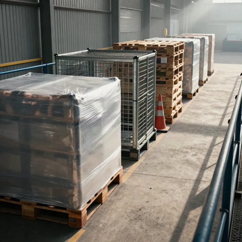 High mezzanine view of a warehouse transfer lane with roll cages, wrapped skids and cones in haze