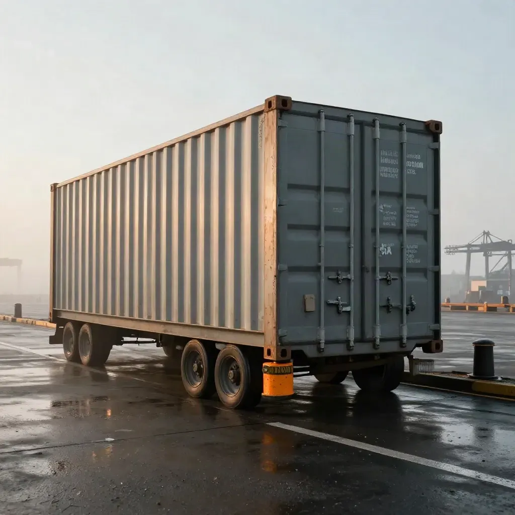 Sealed ocean container staged on a chassis at a foggy port edge with wet pavement and twist-lock hardware.