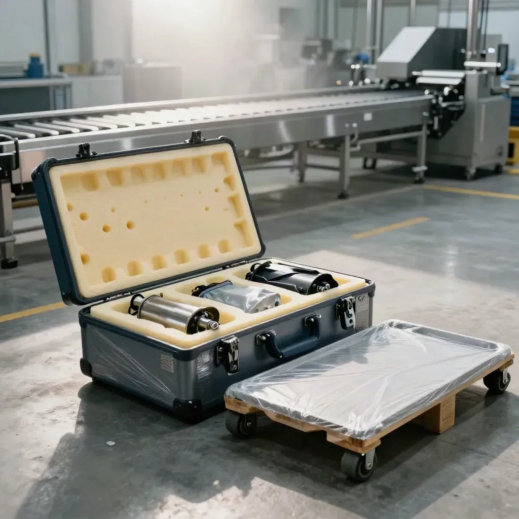 Open cargo case of air parts beside a moving conveyor and ready pallet on a bright factory floor.