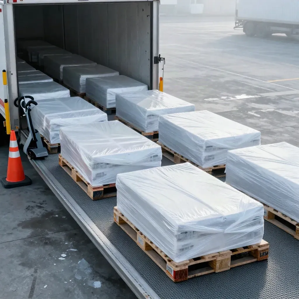 Refrigerated pallets staged at an Ontario loading dock, mist and safety-orange accents.