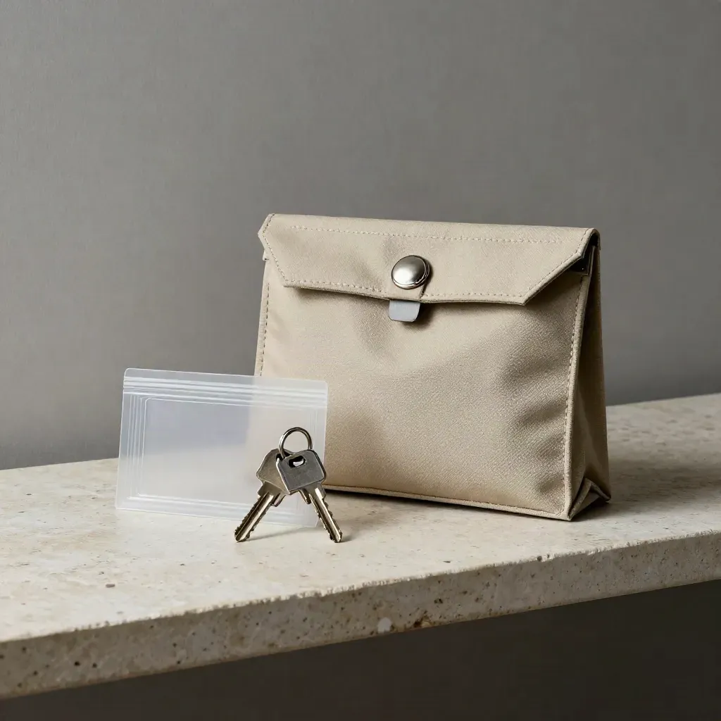 Tamper seal, warehouse keys, and courier pouch on a stone shelf in soft side light
