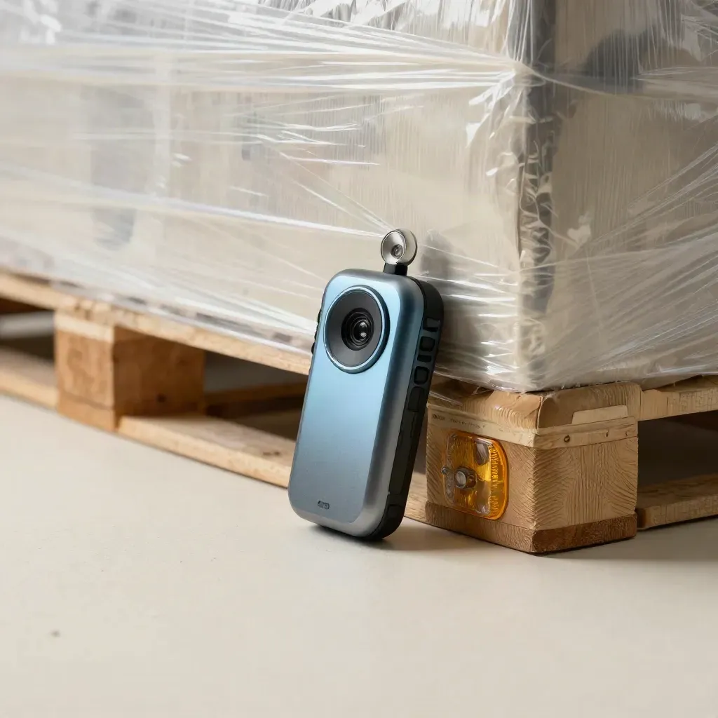 GPS tracker beacon, reflector, and locator light beside wrapped cargo on a plaster sweep