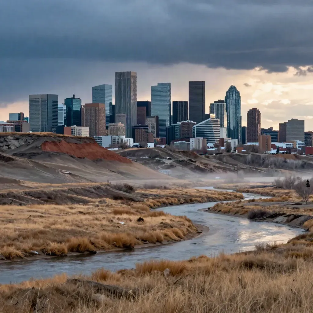 Calgary skyline over the Bow River valley at blue hour after rain