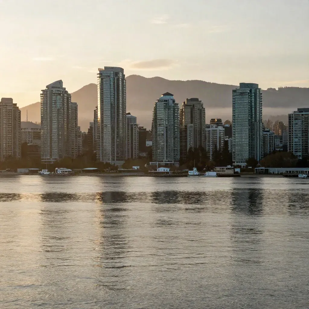 Vancouver harbour at sunset with towers and North Shore mountains above calm foggy water.